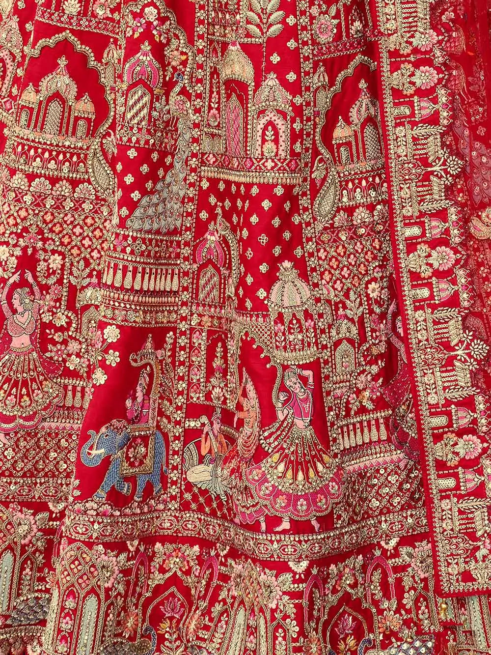 Scarlet Red Khatli Embroidery Bridal Lehenga & 2 Dupatta - qivii