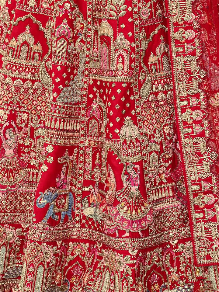 Scarlet Red Khatli Embroidery Bridal Lehenga & 2 Dupatta - qivii
