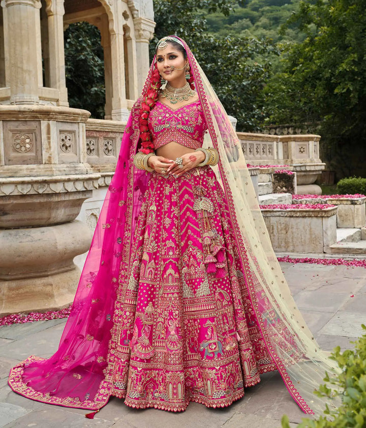 Dark Pink Khatli Embroidery Bridal Lehenga & 2 Dupatta - qivii