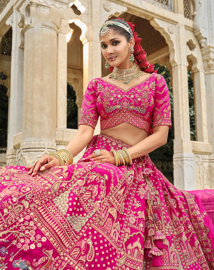 Dark Pink Khatli Embroidery Bridal Lehenga & 2 Dupatta - qivii