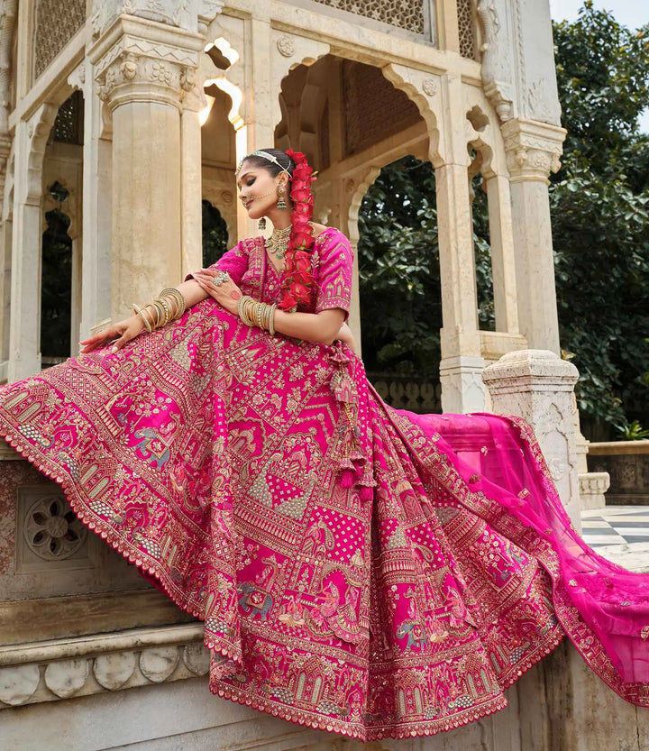 Dark Pink Khatli Embroidery Bridal Lehenga & 2 Dupatta - qivii