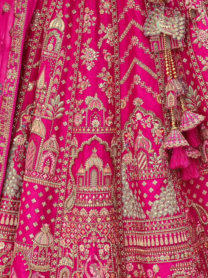 Dark Pink Khatli Embroidery Bridal Lehenga & 2 Dupatta - qivii