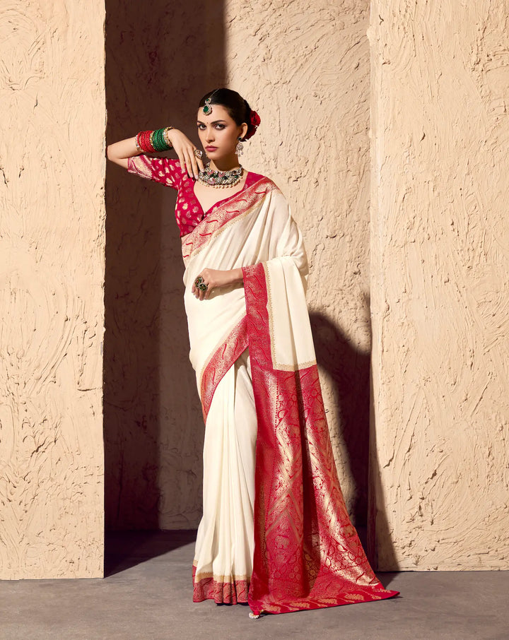 Off White Georgette Zari Weaving Saree