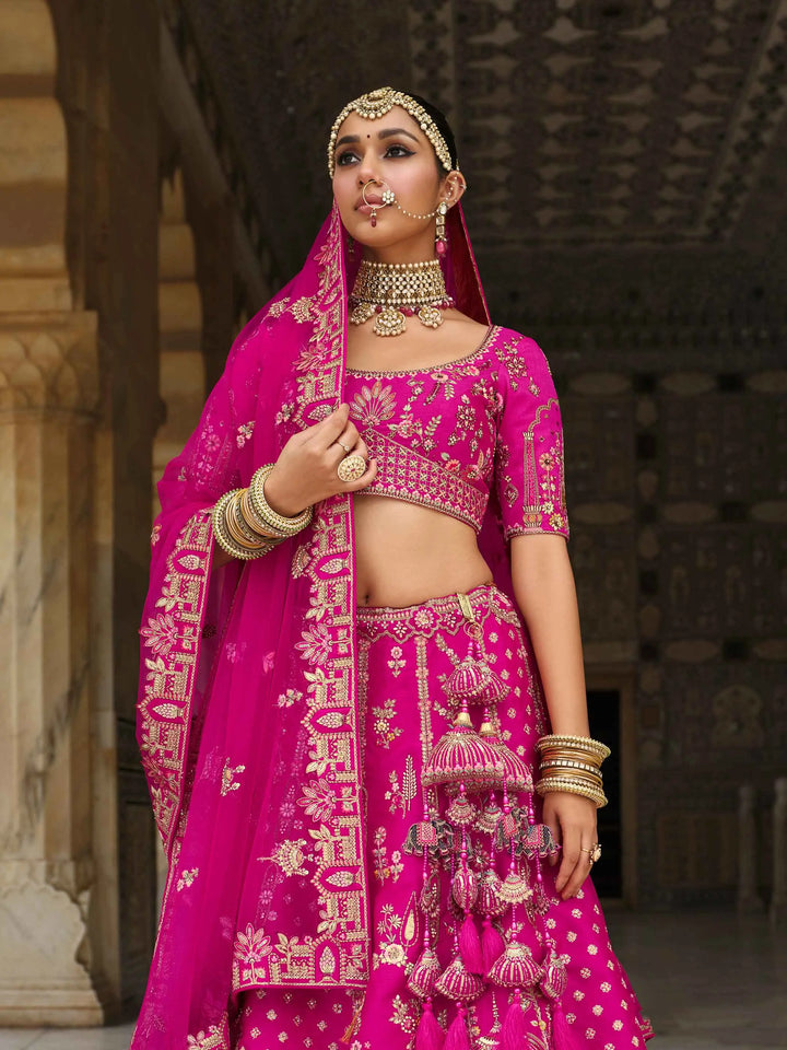 Dark Pink Bridal Lehenga Khatli Embroidery & 2 Dupatta - qivii