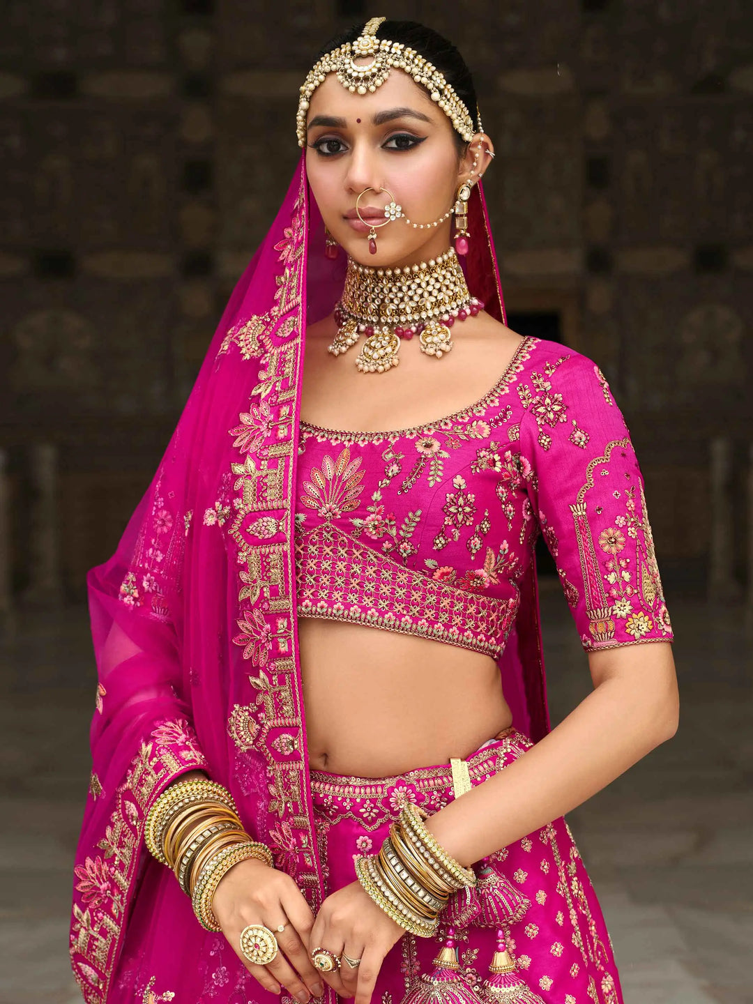 Dark Pink Bridal Lehenga Khatli Embroidery & 2 Dupatta - qivii