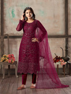 Dark Pink Net Salwar Suit With Thread & Sequence Embroidery Work