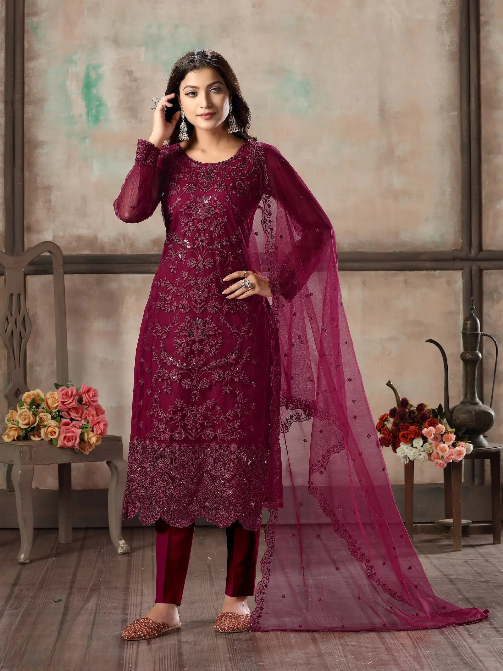 Dark Pink Net Salwar Suit With Thread & Sequence Embroidery Work