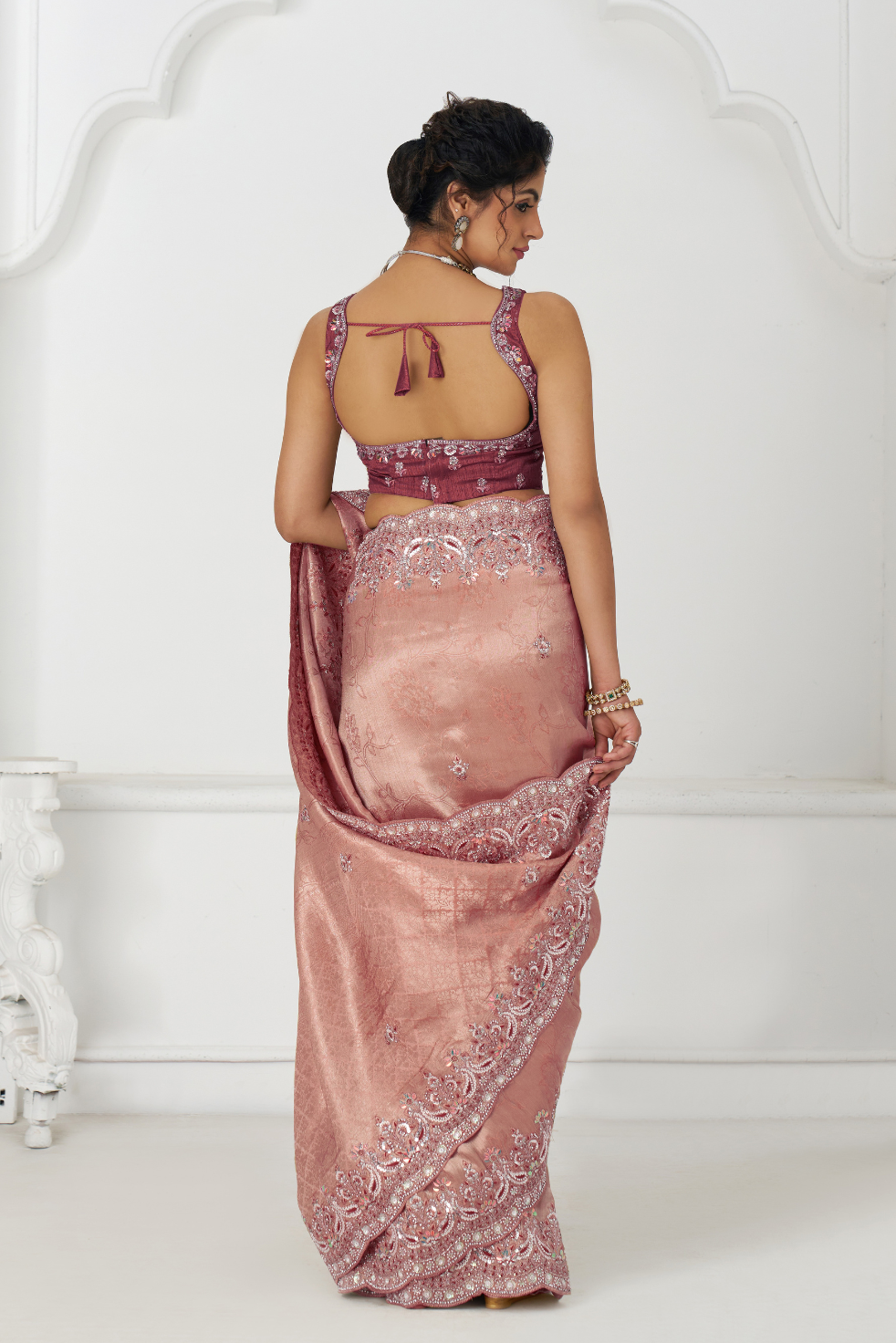 Latest Pink Pure Dola Silk Saree With Sequins And Beads Embroidery For Brides - qivii