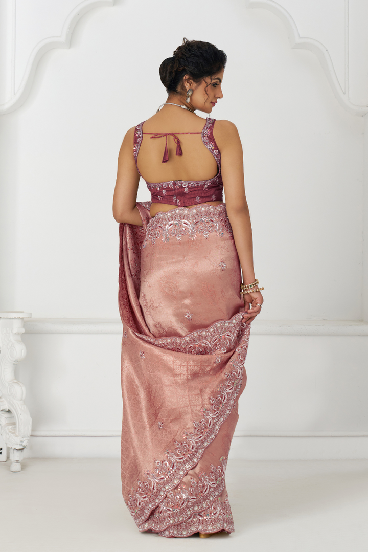 Latest Pink Pure Dola Silk Saree With Sequins And Beads Embroidery For Brides - qivii