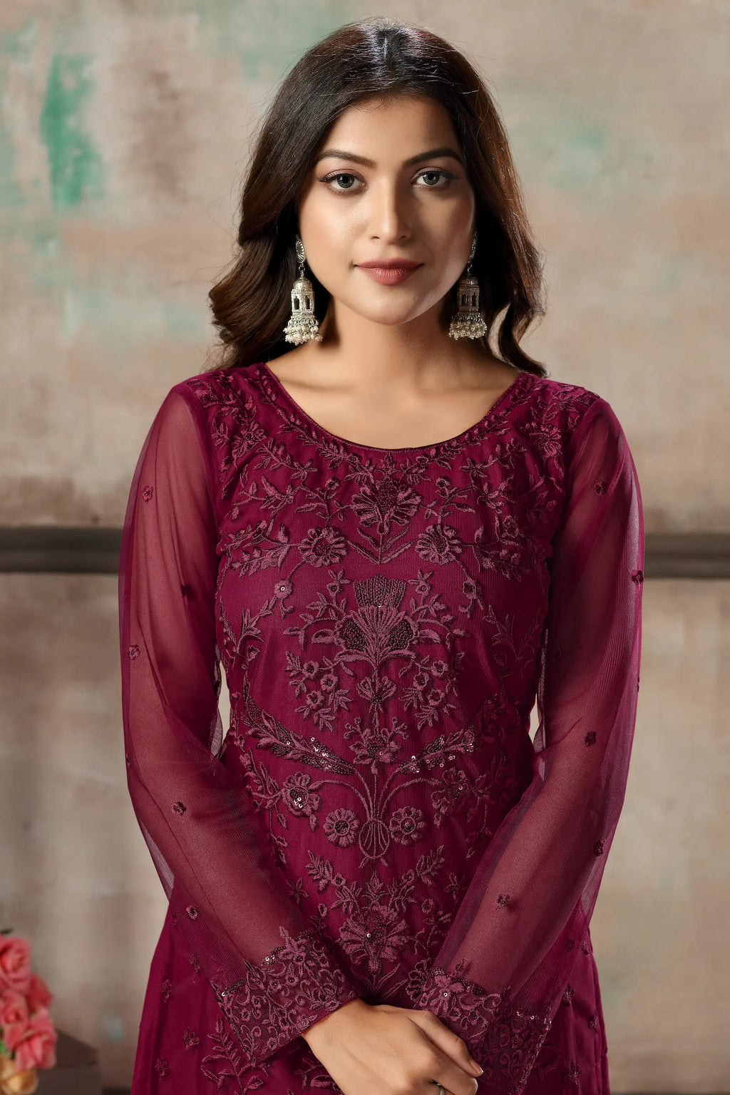 Dark Pink Net Salwar Suit With Thread & Sequence Embroidery Work