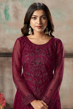 Dark Pink Net Salwar Suit With Thread & Sequence Embroidery Work