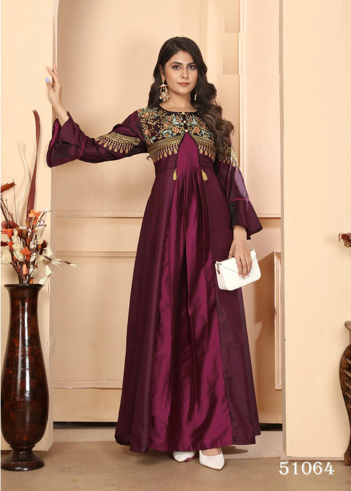 Dark Purple Gown With Heavy Embroidery Work - qivii
