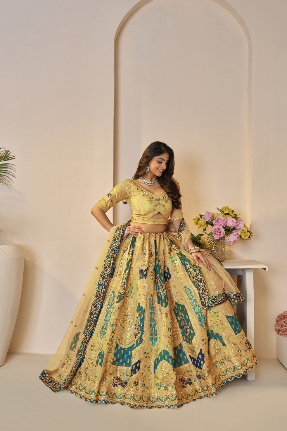 Rajsi Haathi Collection: Yellow Banarsi Bridal Lehenga - qivii