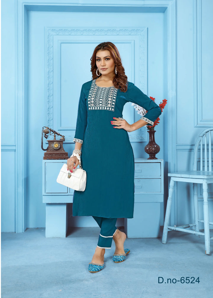 Cyan Blue Kurta Set With Embroidery Work - qivii