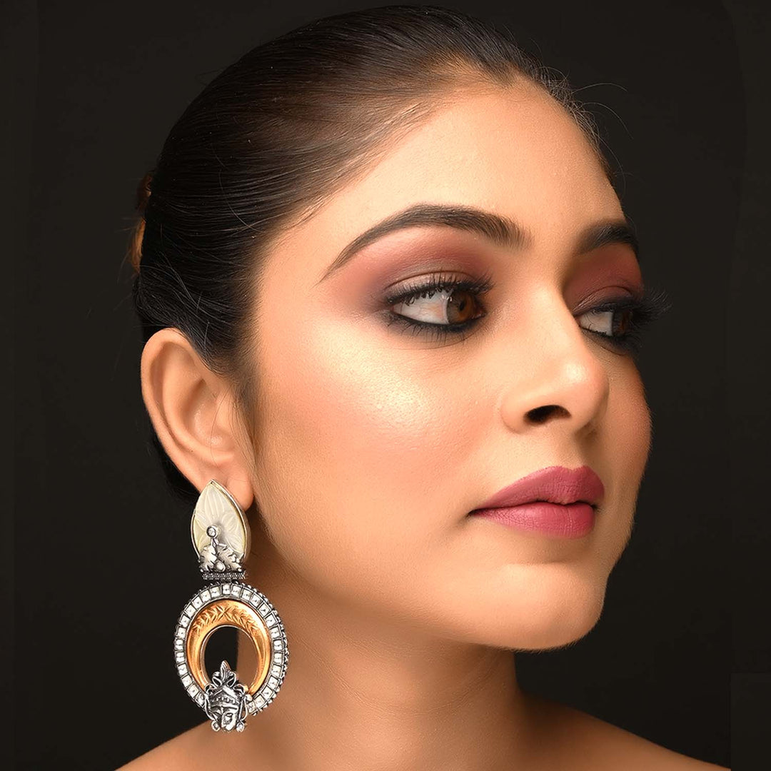 Maya Off White Stone Temple Two Tone Polish Boutique Earrings with Silver Kundan and Gold Texture 