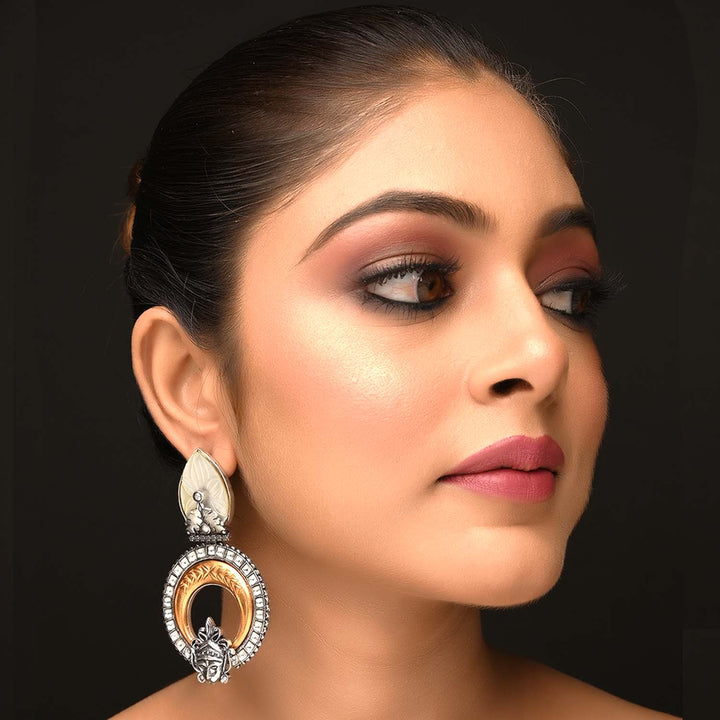 Maya Off White Stone Temple Two Tone Polish Boutique Earrings with Silver Kundan and Gold Texture 