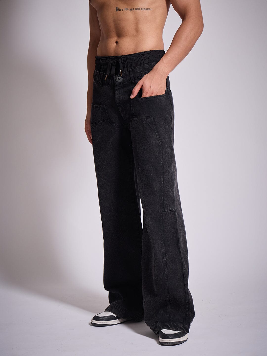 Black Double Waisted Panel Denim