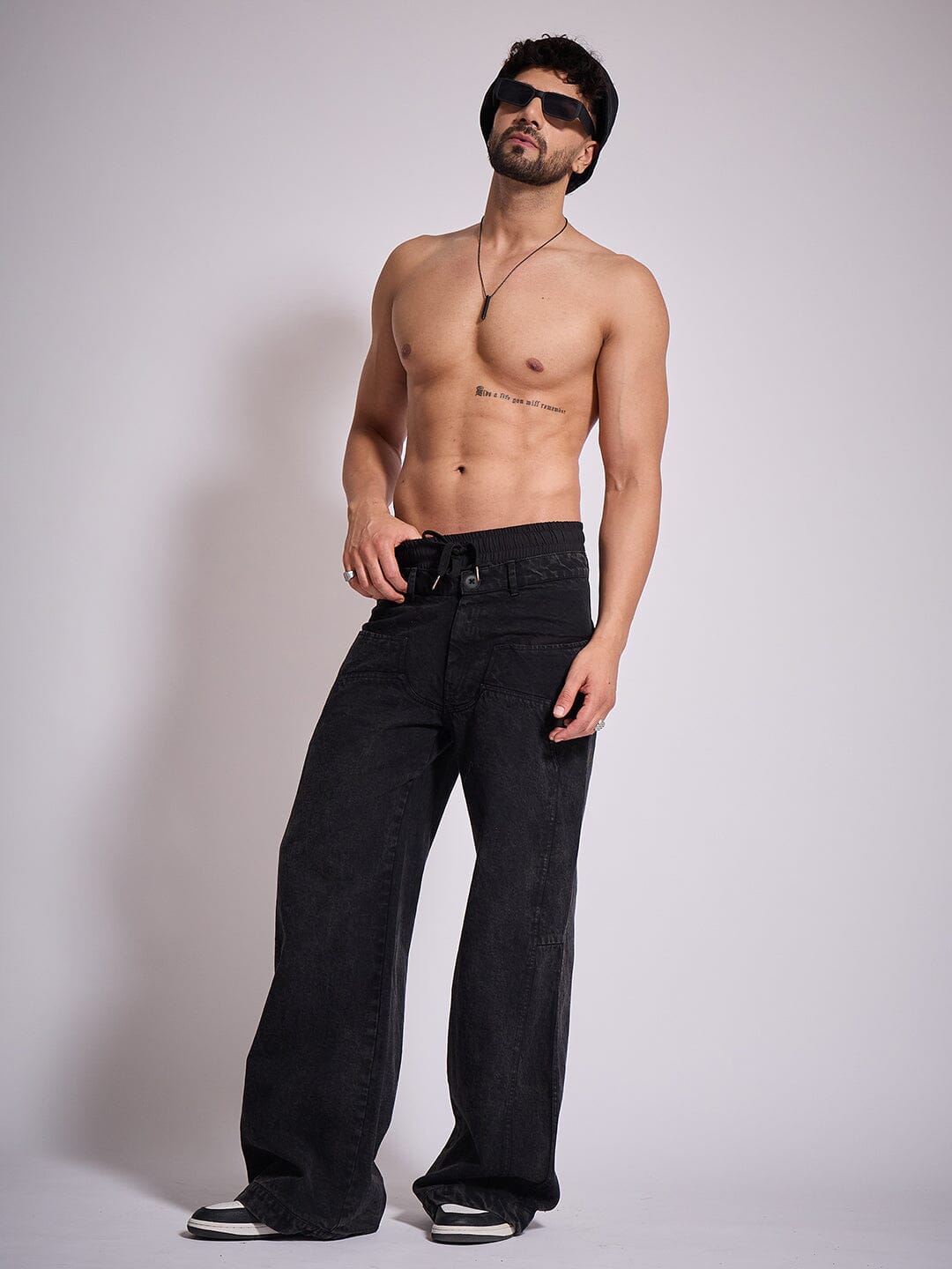 Black Double Waisted Panel Denim