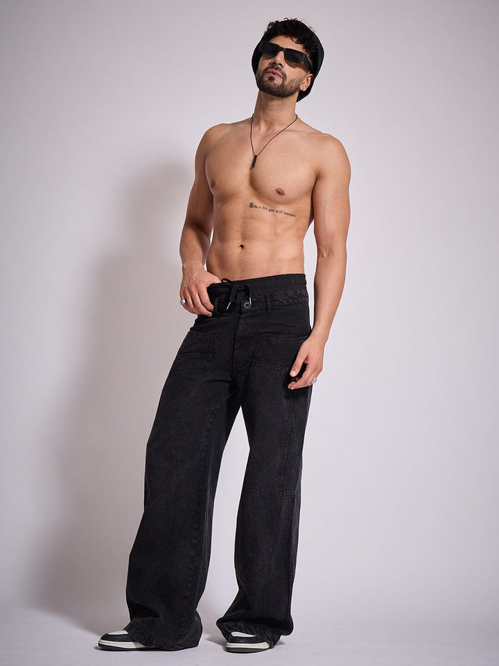 Black Double Waisted Panel Denim