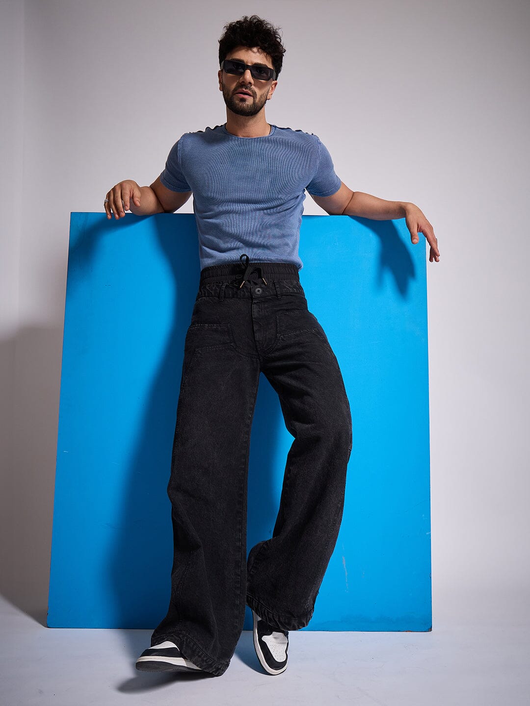 Black Double Waisted Panel Denim