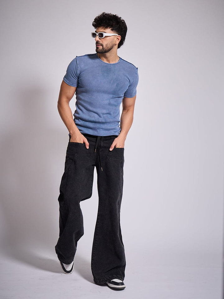 Black Double Waisted Panel Denim