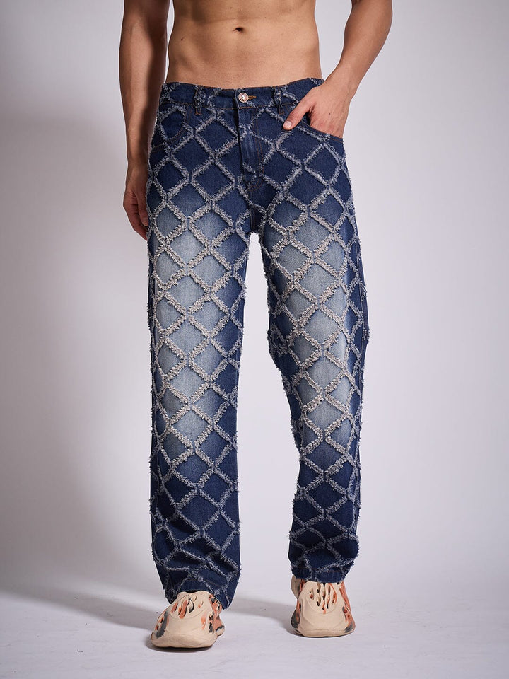 Dark Washed Distressed Patterned Straight Fit Denim