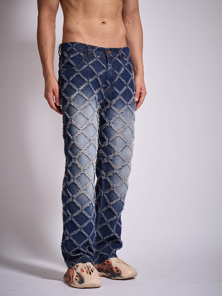 Dark Washed Distressed Patterned Straight Fit Denim