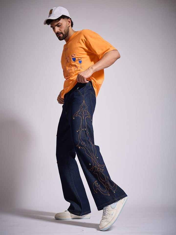 Dark Wash Mayan Embroidery Riveted Flared Denim