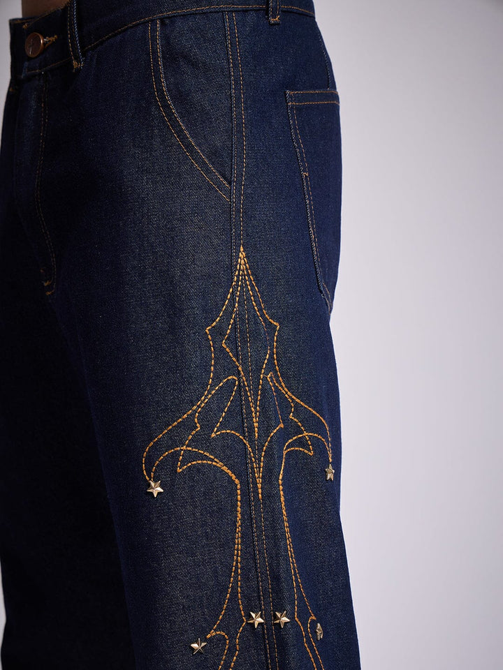 Dark Wash Mayan Embroidery Riveted Flared Denim