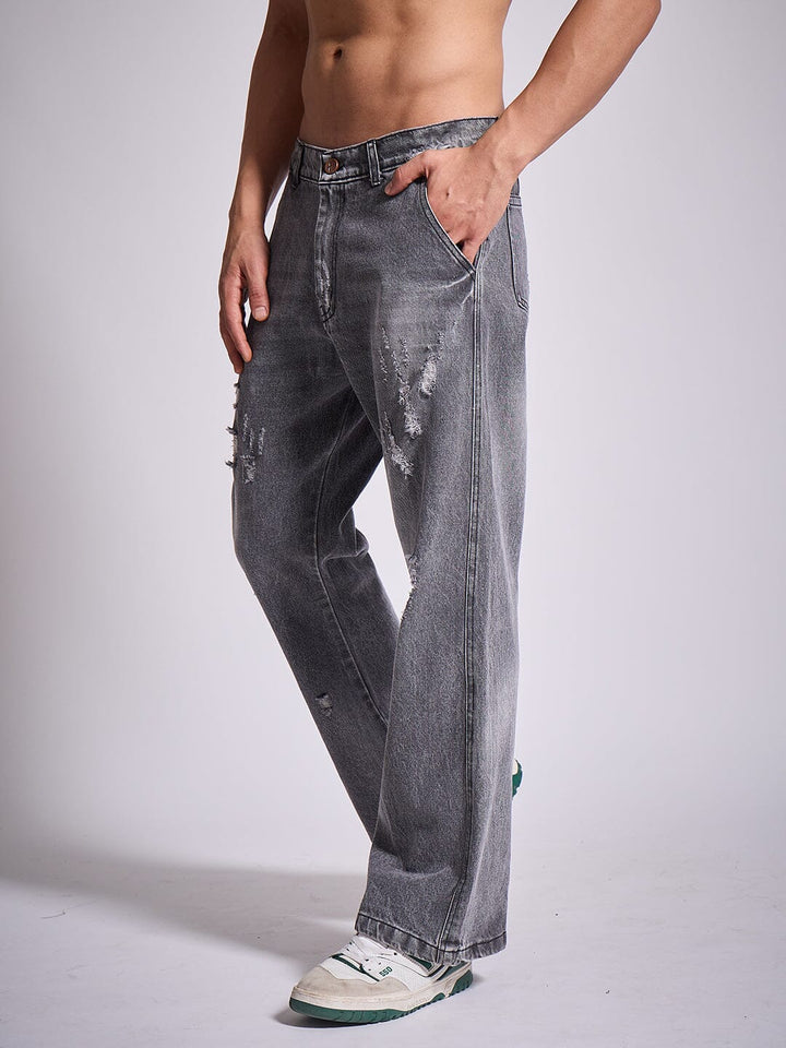 Grey Distressed Flared Denim