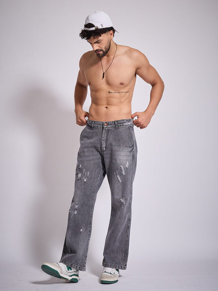 Grey Distressed Flared Denim