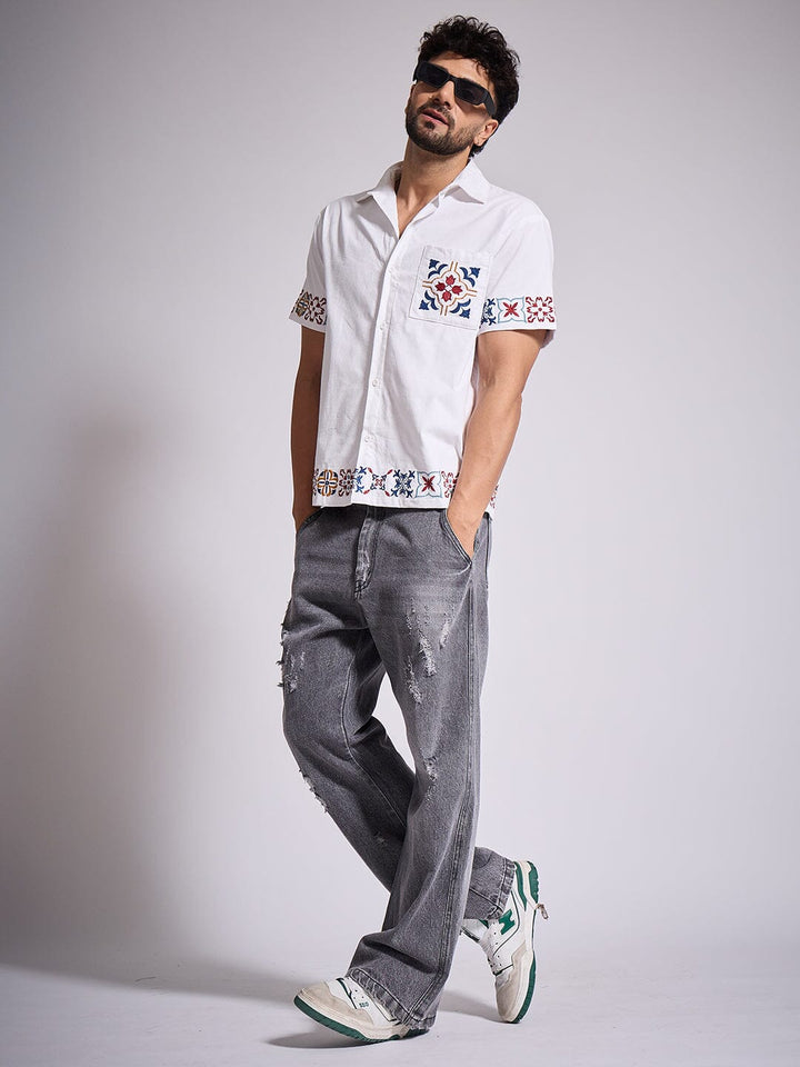 Grey Distressed Flared Denim