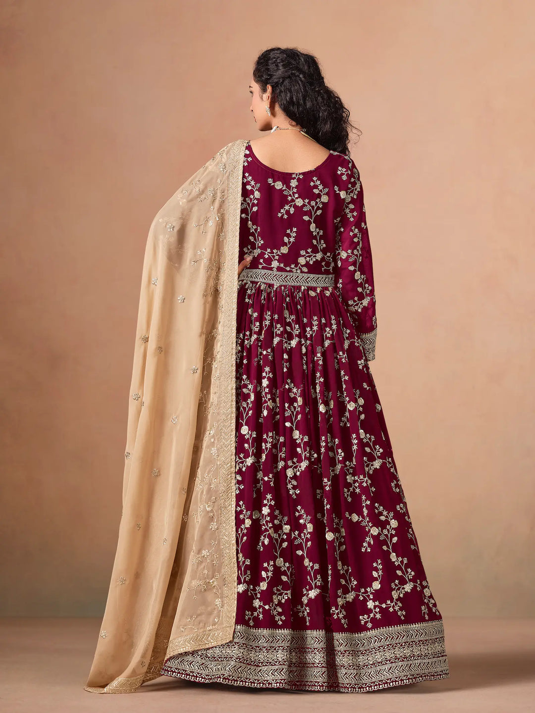 Maroon Georgette Embroidery Gown With Organza Dupatta - qivii