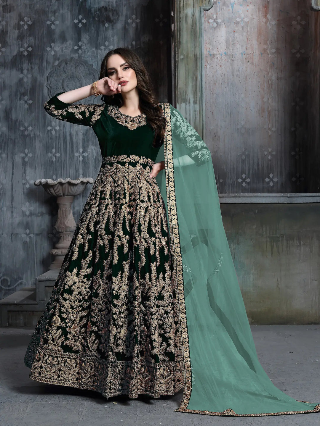 Green Velvet Thread & Sequence Embroidery Work Gown - qivii