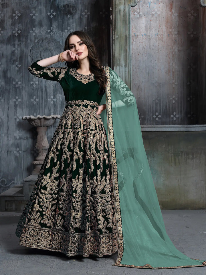 Green Velvet Thread & Sequence Embroidery Work Gown - qivii