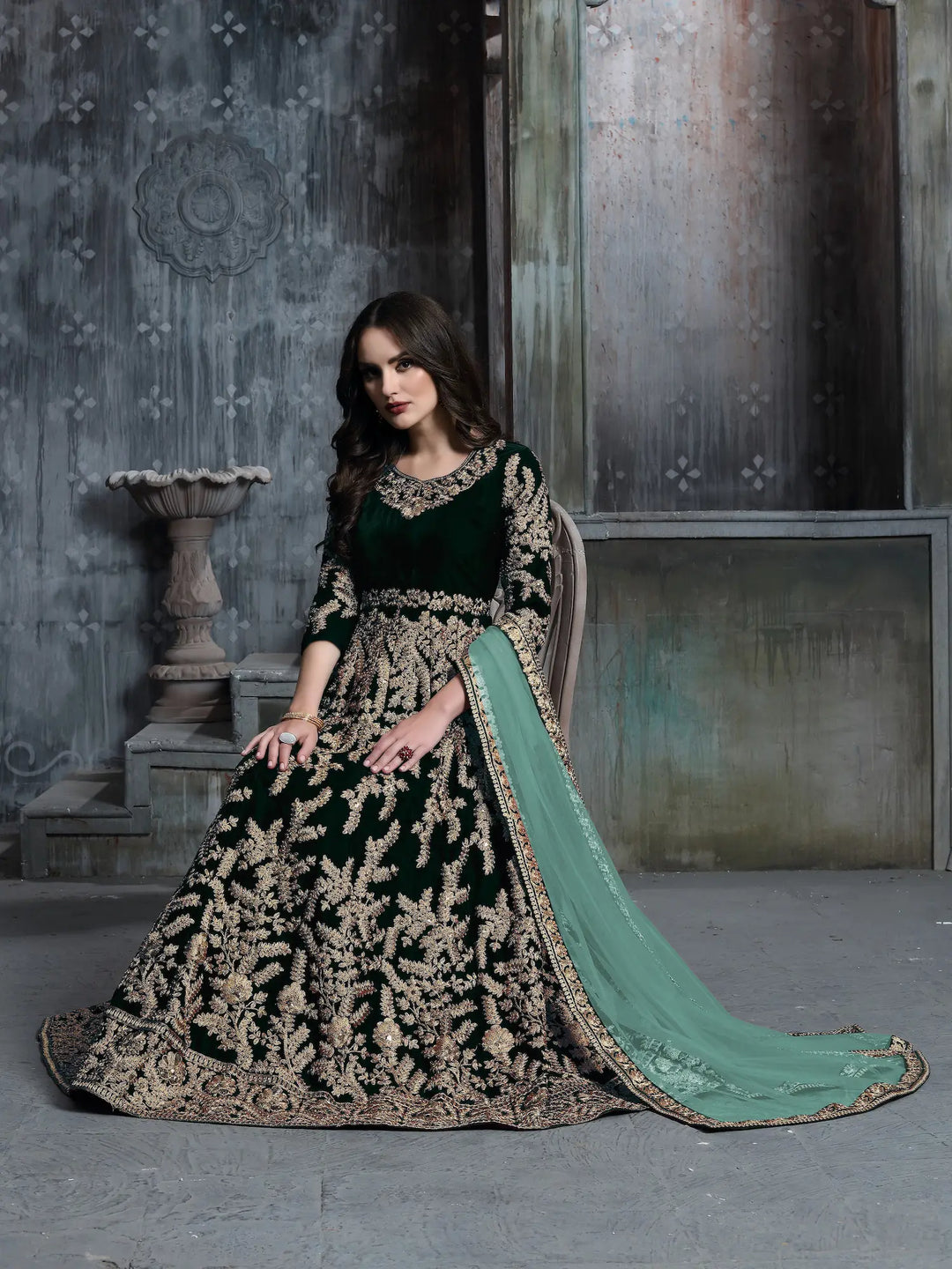Green Velvet Thread & Sequence Embroidery Work Gown - qivii