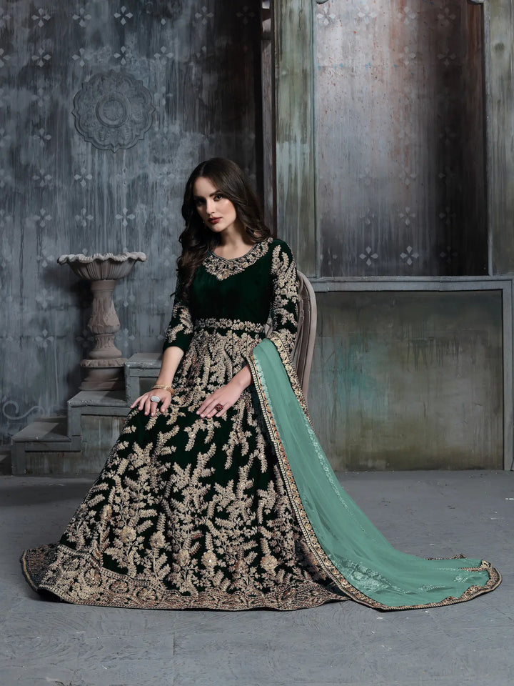 Green Velvet Thread & Sequence Embroidery Work Gown - qivii