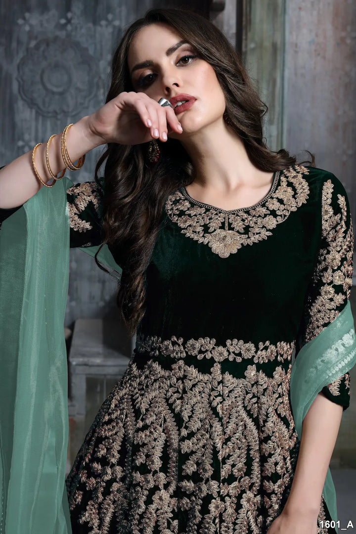 Green Velvet Thread & Sequence Embroidery Work Gown - qivii