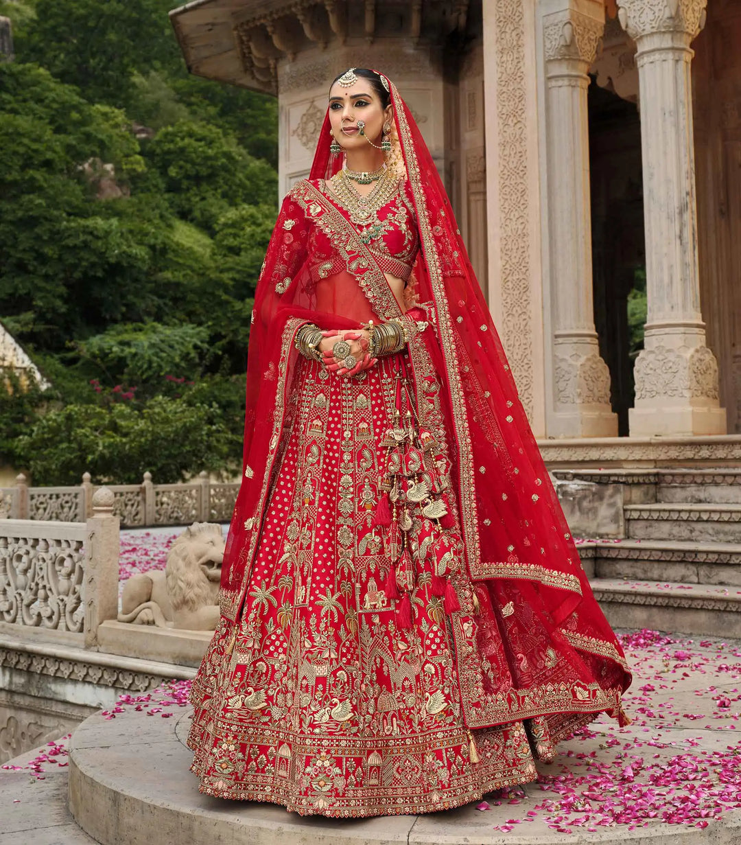 Cornel Red Bridal Lehenga Khatli Embroidery & 2 Dupatta - qivii