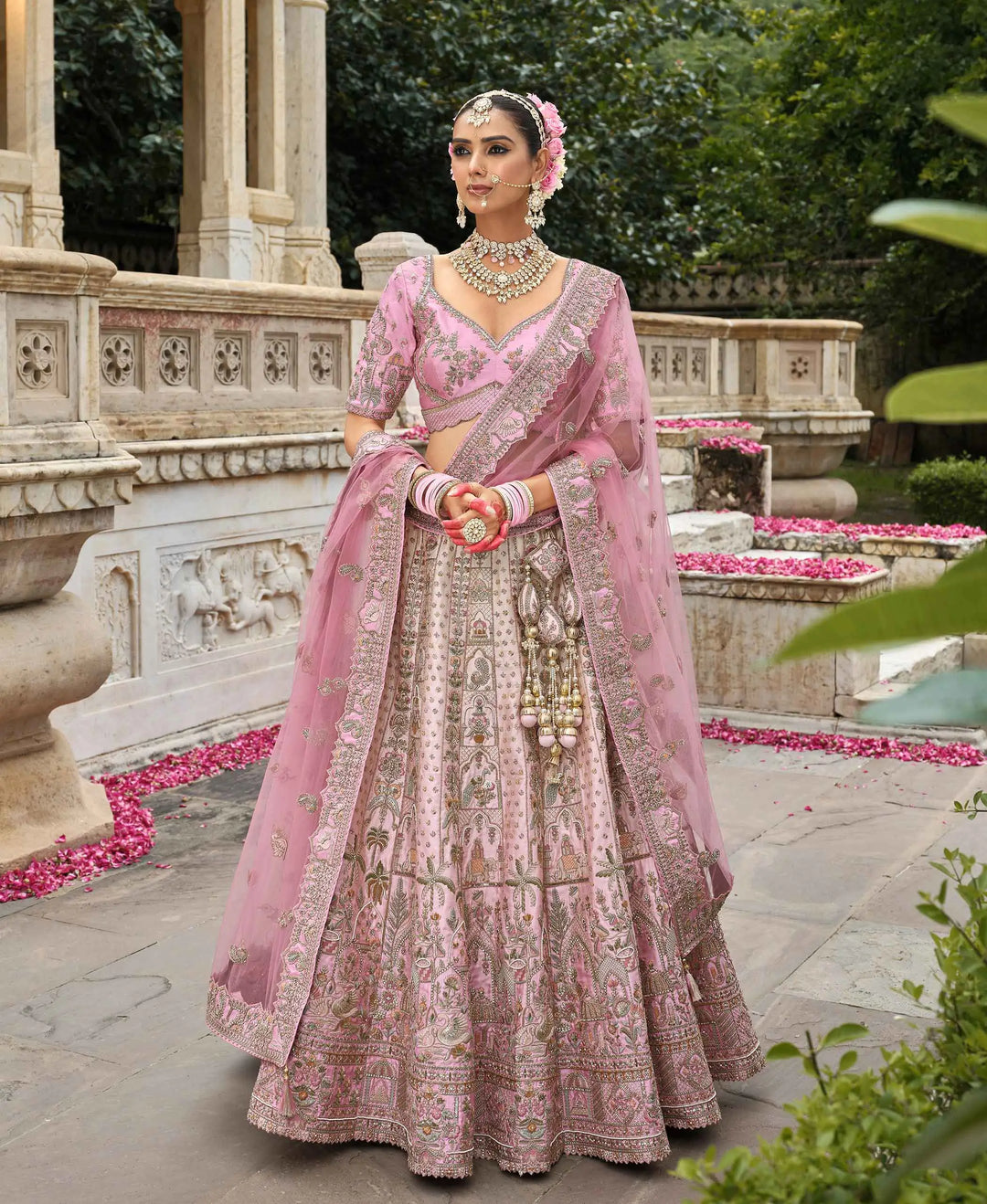Peach Pink Bridal Lehenga Khatli Embroidery & 2 Dupatta - qivii