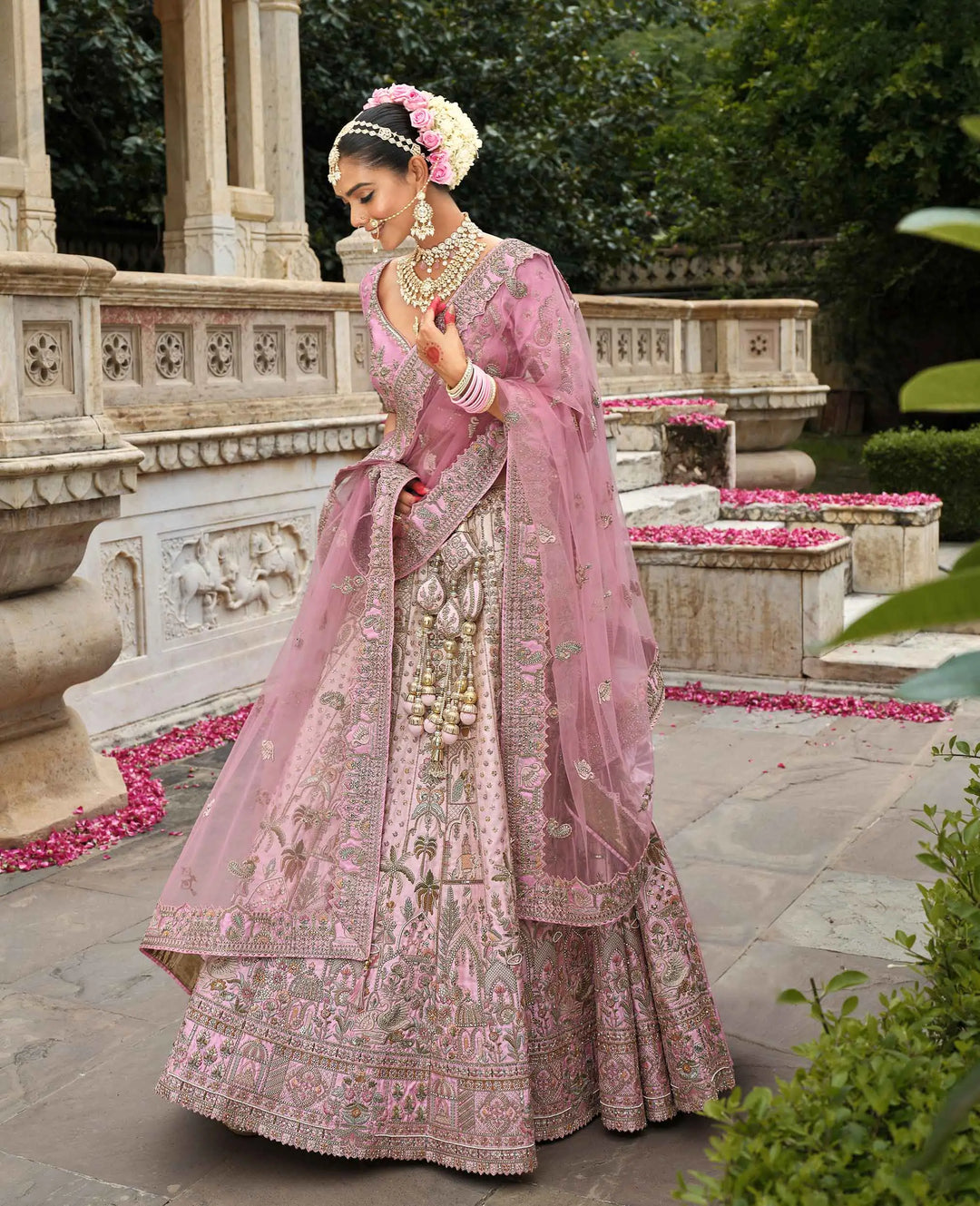 Peach Pink Bridal Lehenga Khatli Embroidery & 2 Dupatta - qivii