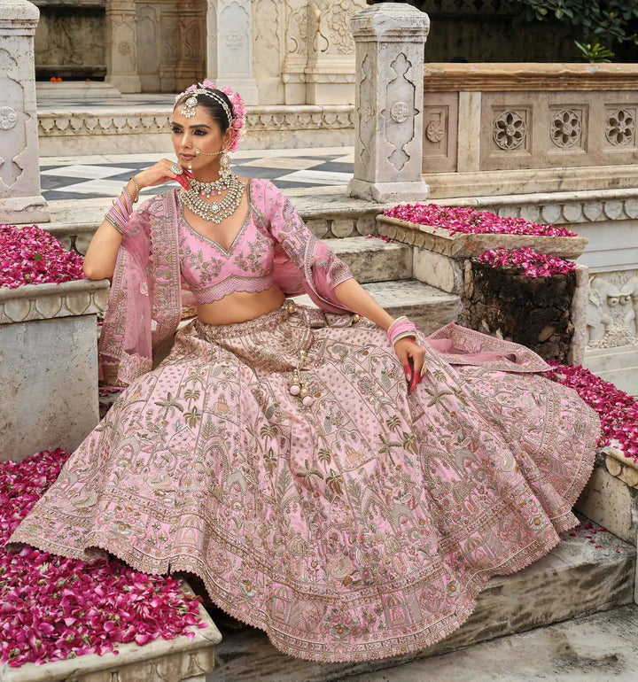 Peach Pink Bridal Lehenga Khatli Embroidery & 2 Dupatta - qivii