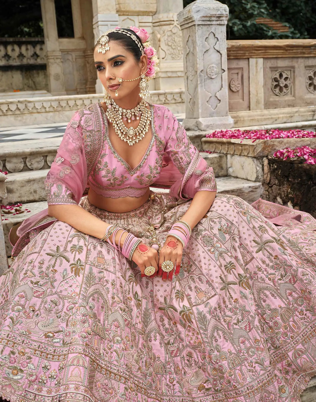 Peach Pink Bridal Lehenga Khatli Embroidery & 2 Dupatta - qivii