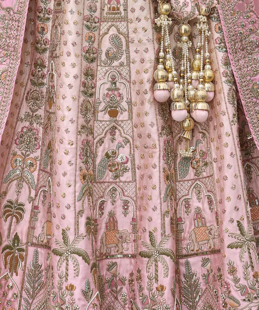 Peach Pink Bridal Lehenga Khatli Embroidery & 2 Dupatta - qivii