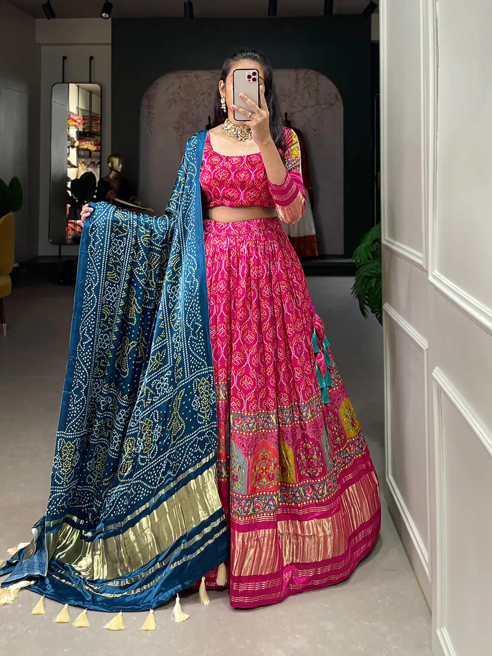 Dark Pink Traditionally Printed Gaji Silk Lehenga Choli | Ready To Wear - qivii