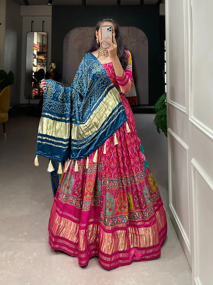 Dark Pink Traditionally Printed Gaji Silk Lehenga Choli | Ready To Wear - qivii