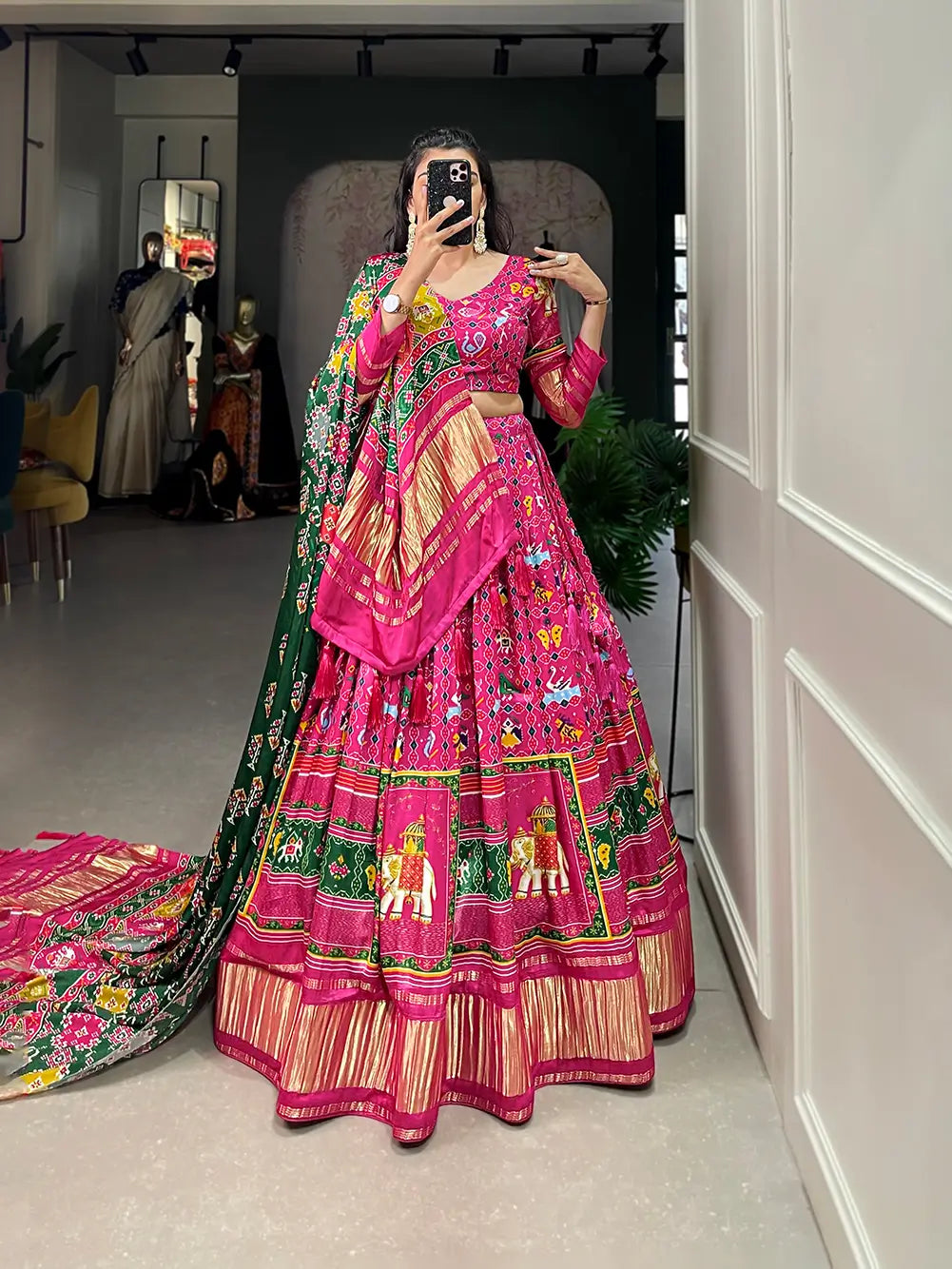 Rani Pink Traditionally Printed Gaji Silk Lehenga Choli | Ready To Wear - qivii
