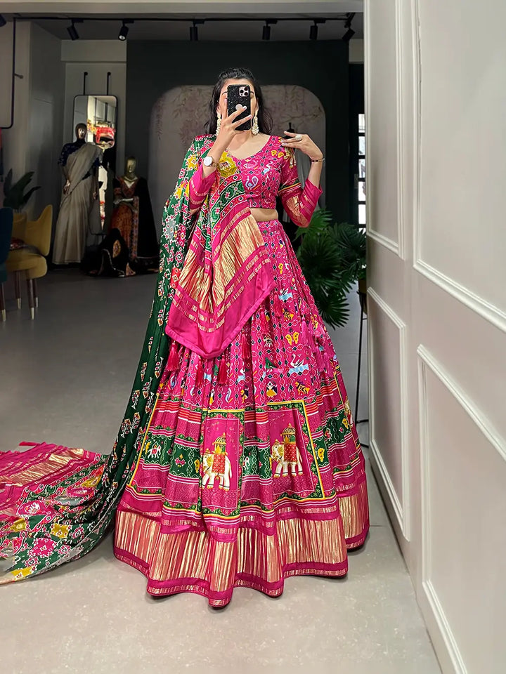 Rani Pink Traditionally Printed Gaji Silk Lehenga Choli | Ready To Wear - qivii