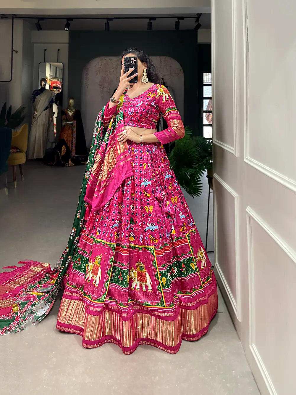 Rani Pink Traditionally Printed Gaji Silk Lehenga Choli | Ready To Wear - qivii