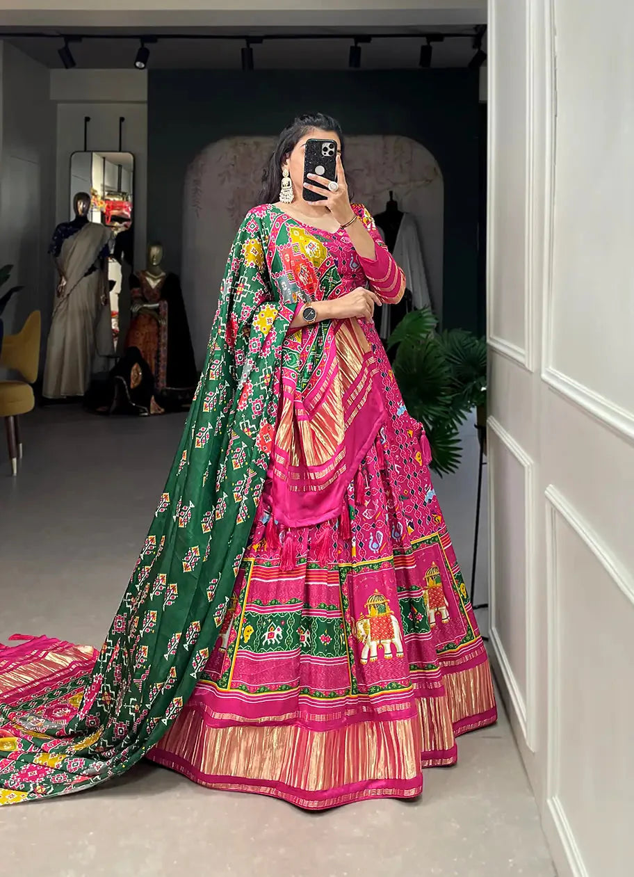 Rani Pink Traditionally Printed Gaji Silk Lehenga Choli | Ready To Wear - qivii